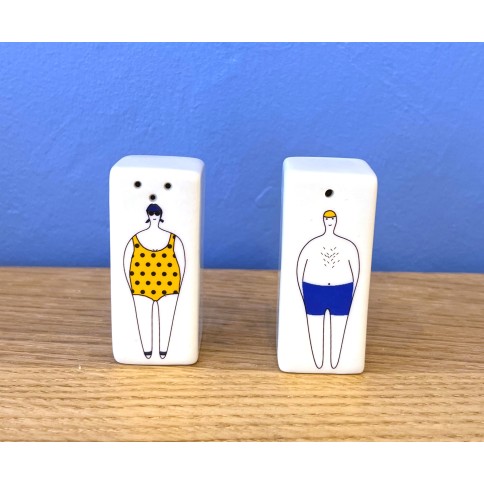 Porcelain Salt and Pepper Summer Lovers Couple 1 A FUTURE PERFECT, front view next to each other