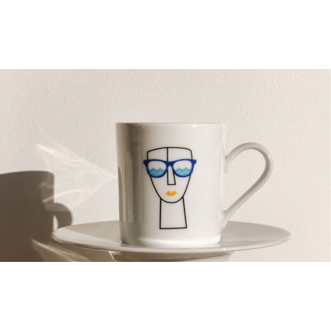 Espresso porcelain cup and its plate Cycladic Female Face A FUTURE PERFECT, front view