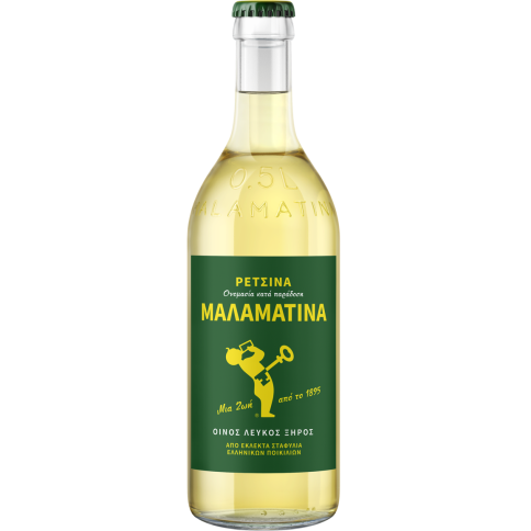 Malamatina, white resinated wine 500ml MALAMATINA, front view