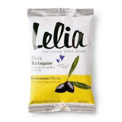 Olives Kalamon de Grèce Lelia à l'huile d'olive vierge extra, vue de face du packaging au format 250g